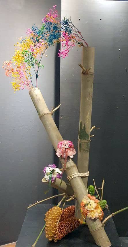 Yushin by Nonnette Hubilla. Carnation. Heliconia. Gypsophila. Bamboo installation.
