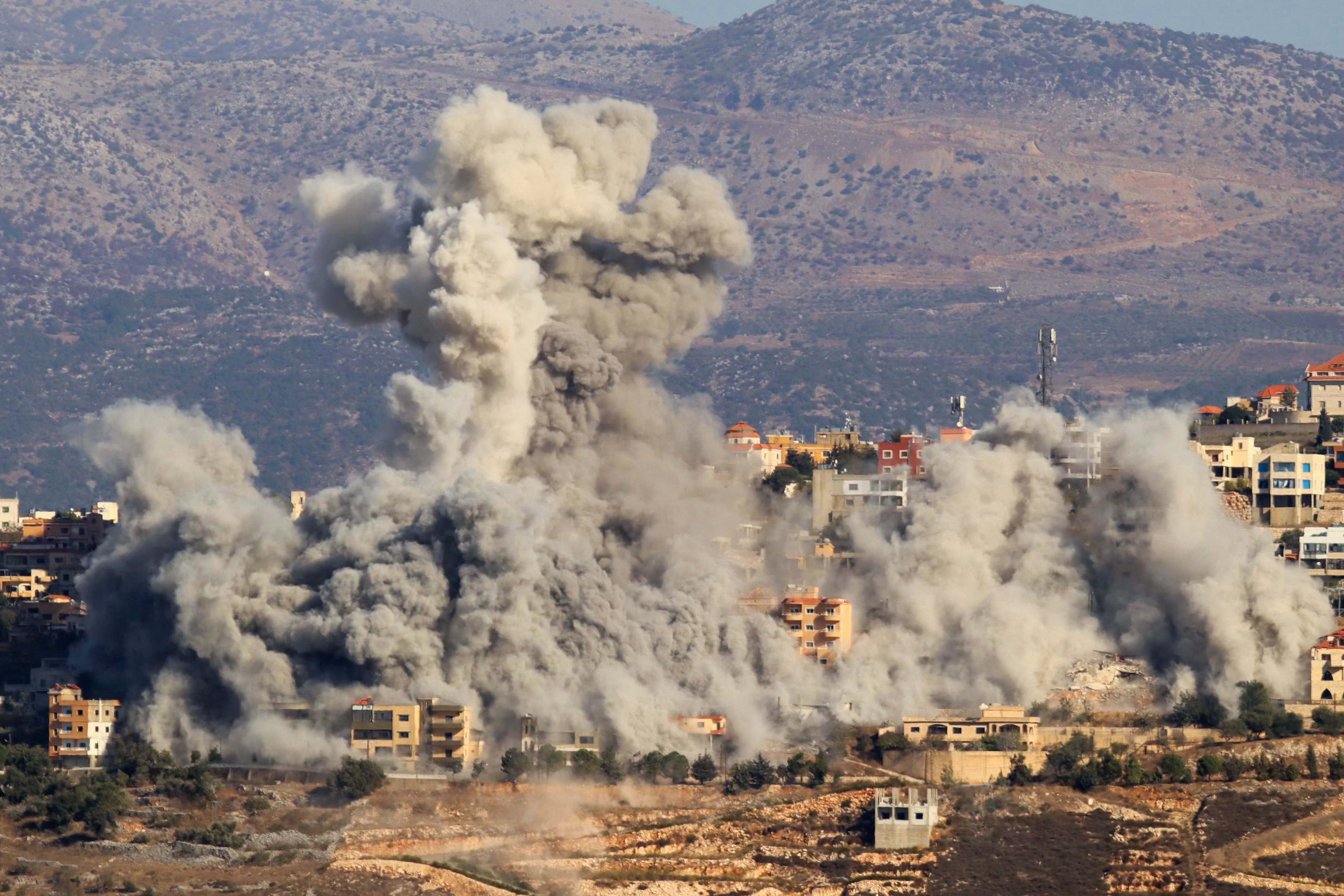SMOKE billows during an Israeli airstrike on the southern Lebanese village of Khiam near the border with Israel.