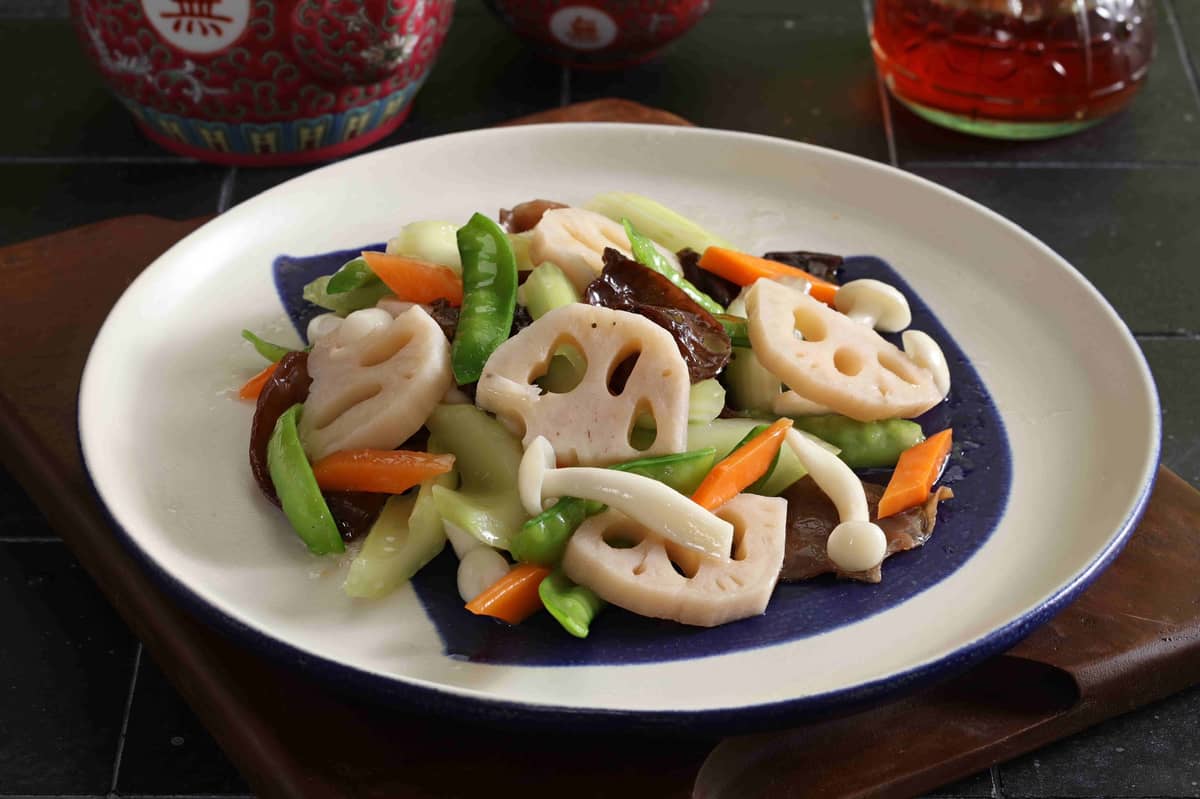 Wok fried lotus roots, black fungus, and assorted vegetables. Photo courtesy of Jasmine Restaurant.