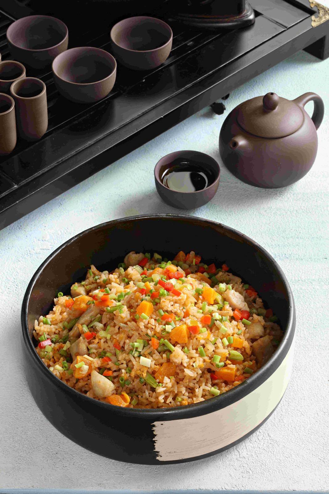 Golden salted egg yolk fried rice with chicken and XO sauce. Photo courtesy of Jasmine Restaurant.