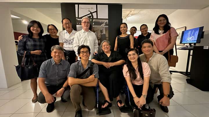 (Standing, from left): Faculty members of the Department of Languages, Literature and Arts (DLLA) Excelle Nogra, Pam Castrillo, Mac Tiu, Ateneo de Davao University president Fr. Karel S. San Juan, SJ; Philosophy Department chair Vida Mia Valverde, PhD, student Cody Ferolin, Physical Plant director Tender Grace Ferolin, DLLA faculty member Meg Hamile. On haunches: VP for finance and treasurer Jimmy Delgado, Locsin Dance Workshop associate artistic director Biag Gaongen. Center, seated: National Artist Agnes Locsin, DLLA chair Stella Marie G. Arcenas, PhD, and ADDU consultant Igy Castrillo. Igy served as exhibition designer.