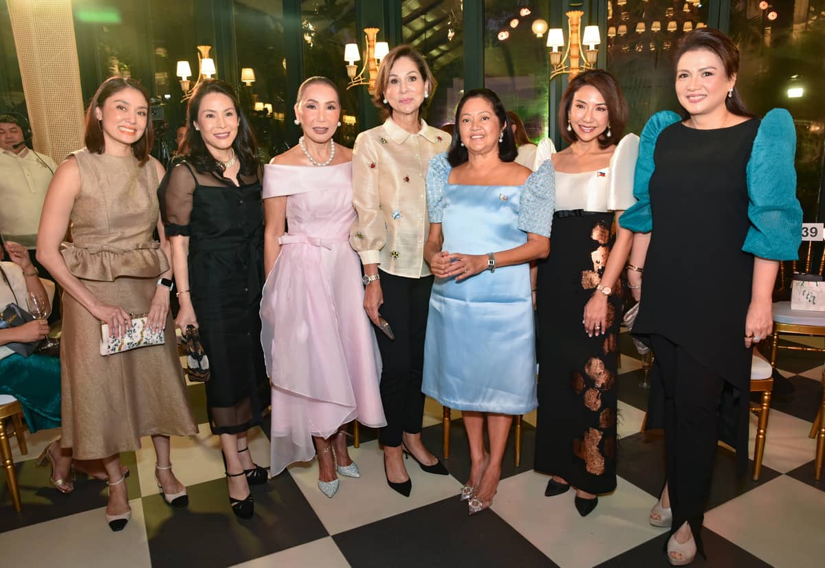Secretary Dina Tantoco, Ana Lorenzana de Ocampo, Consul Agnes Huibonhoa, Carla Tengco, First Lady Liza Araneta Marcos, Secretary Christina Frasco and Michelle Tiangco.