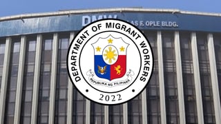 The seal of the Department of Migrant Workers overlaid on the DMW central office building façade in Manila.