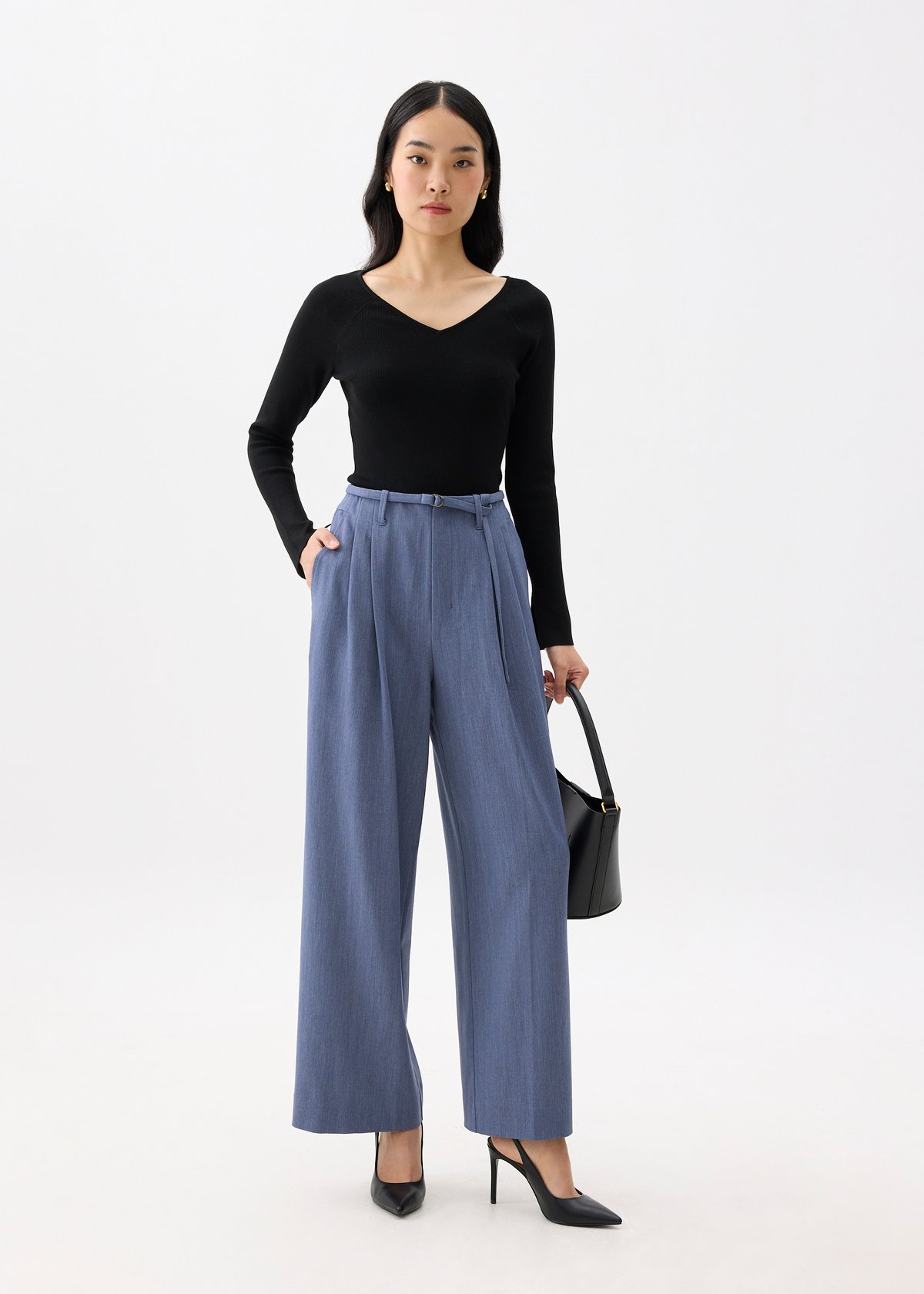 Mayumi Elastic Pleated Wide Leg Pants (Slate Blue).