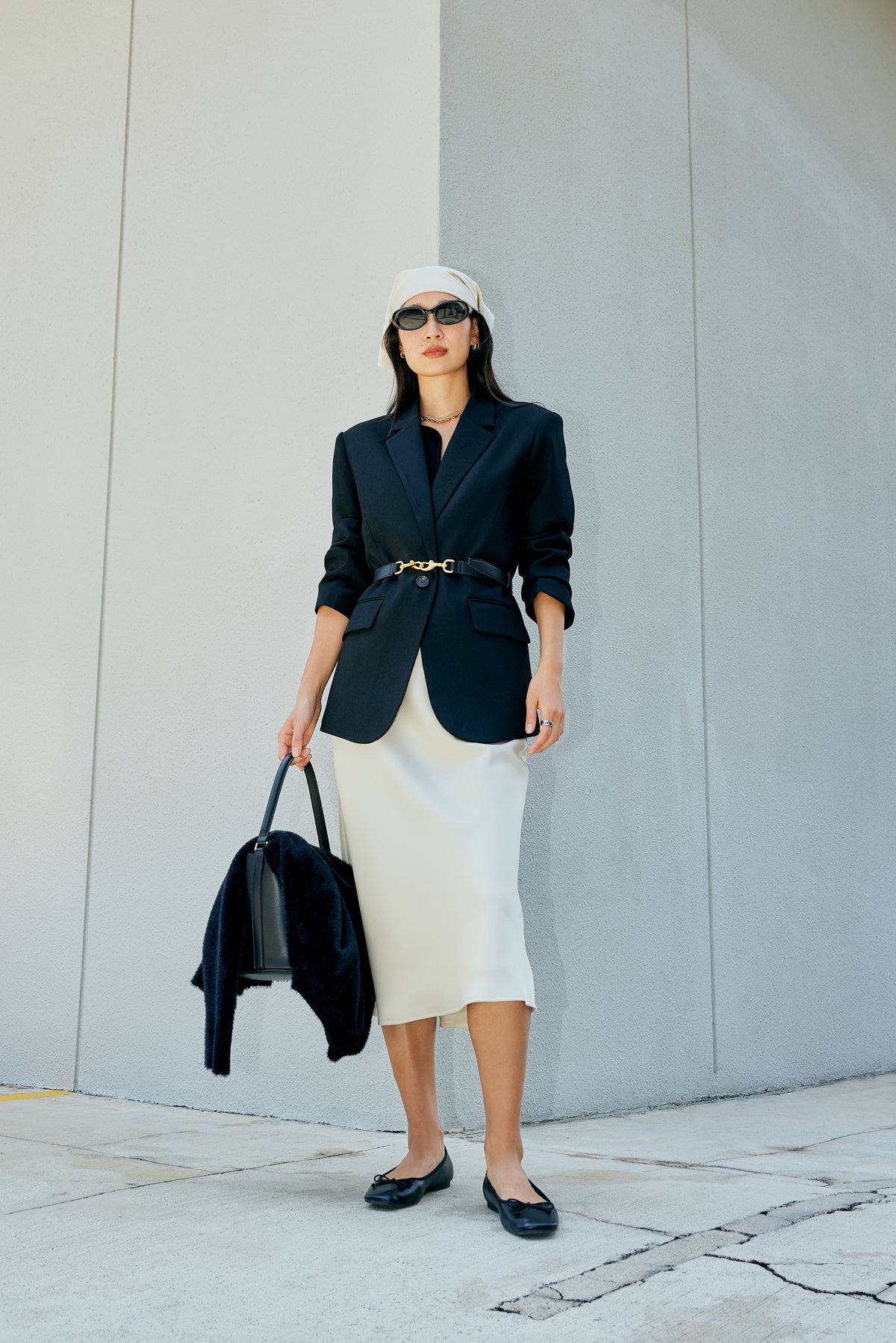Rachel Blazer (Black), Yui Fitted Long Knit Vest (Black) and Midaxi Satin Bias Skirt (Cream).