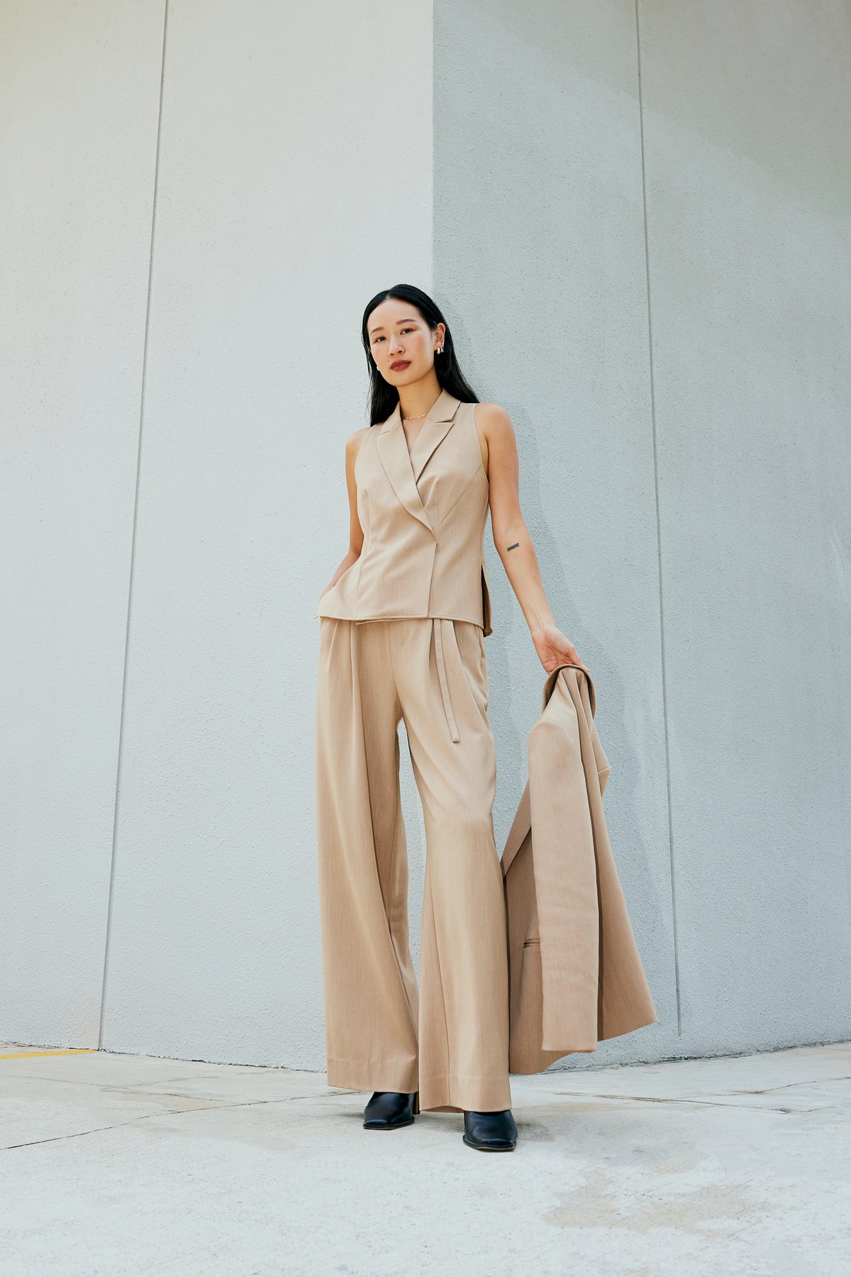 RuchedReady™ Aera Slim Blazer (Tan), Juni Sleeveless Blazer Top (Tan), Leggy™ Mayumi Elastic Pleated Wide Leg Pants (Tan)