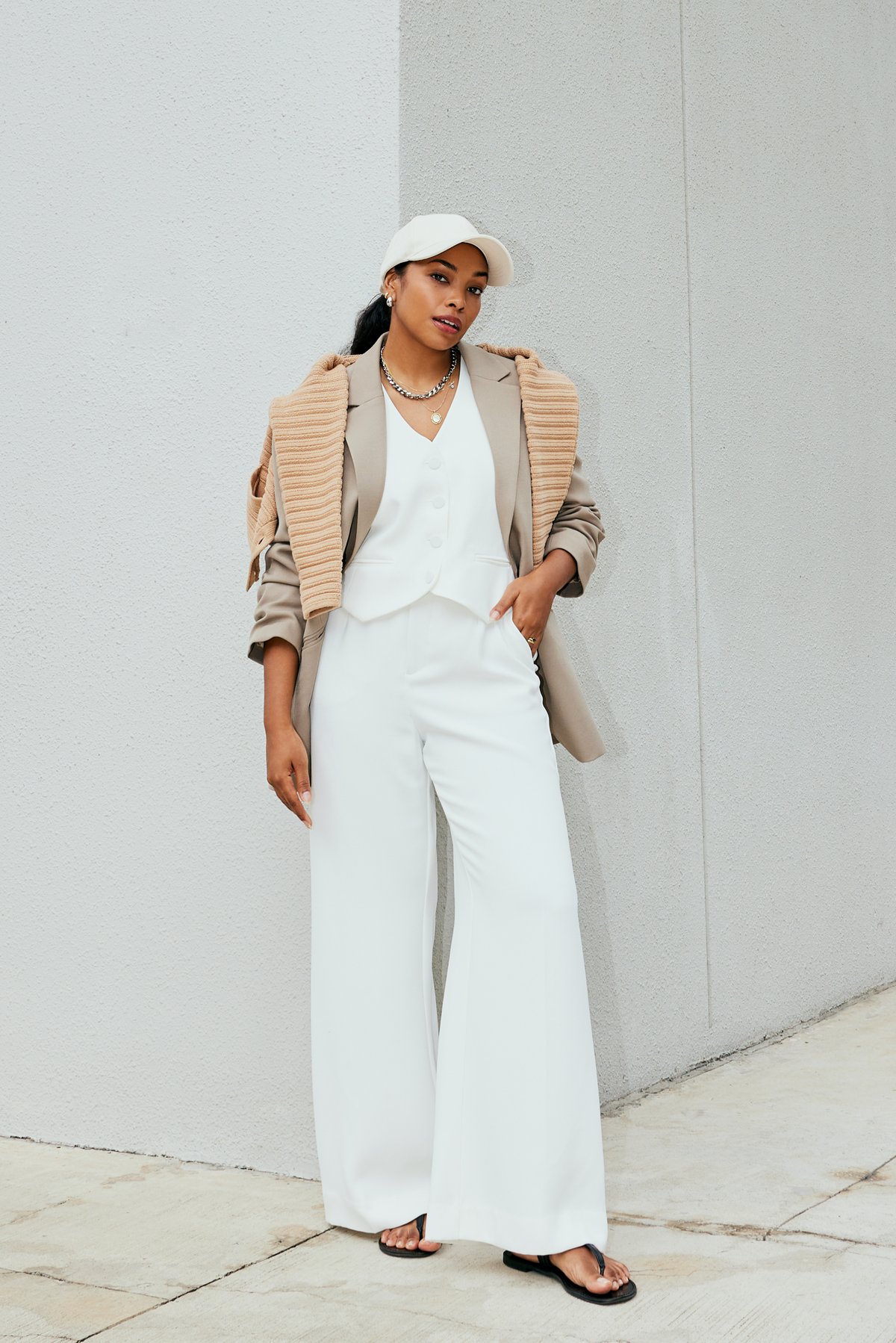 RuchedReady Rachel Blazer (Clay), Kiara Crop Shoulder Padded Knit Cardigan (Tan), Yuna Relaxed V-neck Vest (White) and Leggy Yuna Super High Waist Tailored Pants (White).