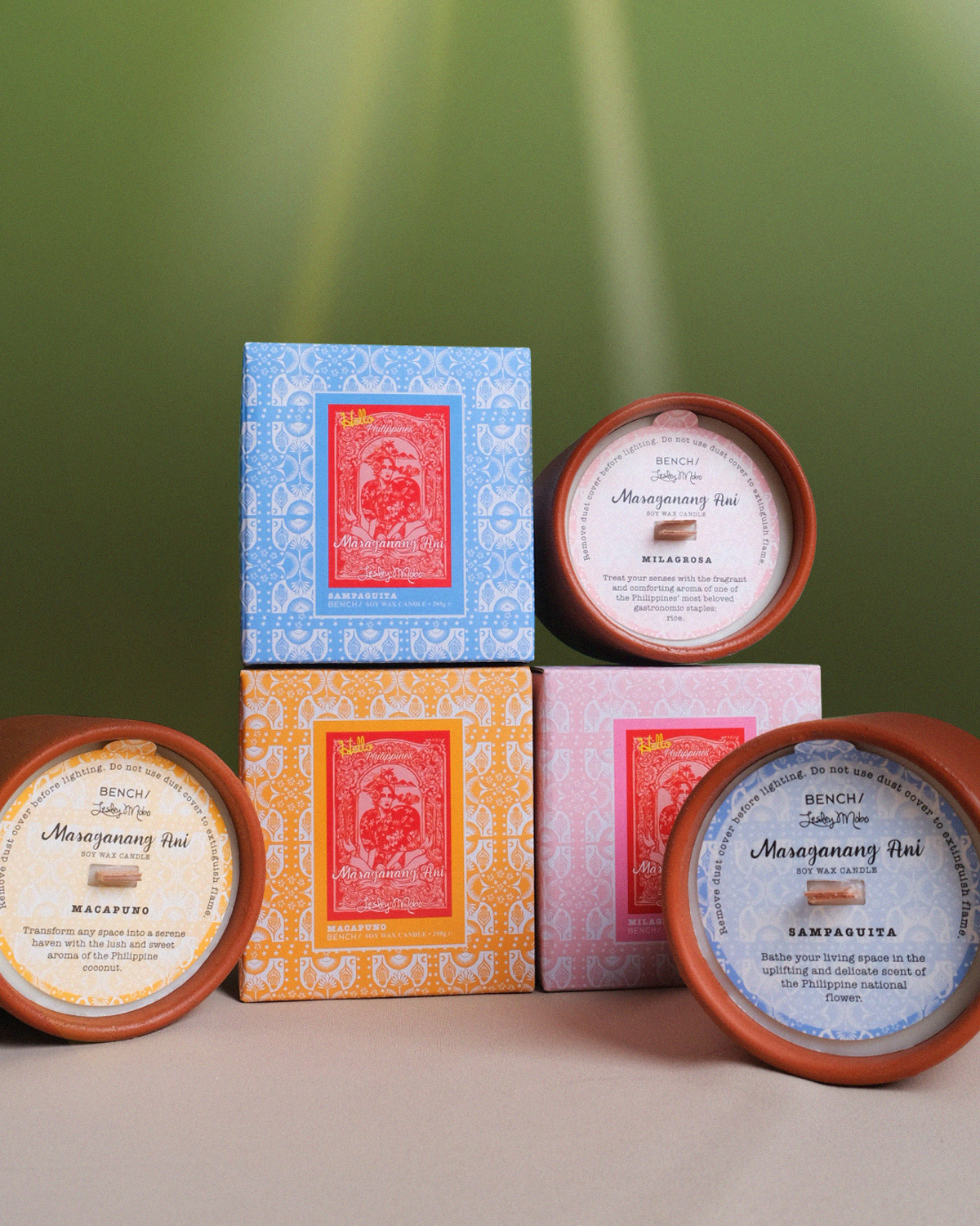 Three signature fragrances for its scented soy wax candles_ Milagrosa, Macapuno, and Sampaguita.