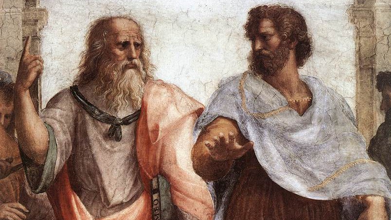 An elder Plato walks alongside a younger Aristotle.