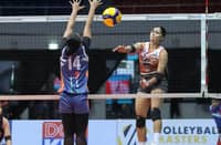 Mycah Go of the Quezon Tangerines connects an easy kill over the defense of Necelle Gual of AM Caloocan Air Force during their MPVA Season 1 game yesterday at the Quezon Convention Center.