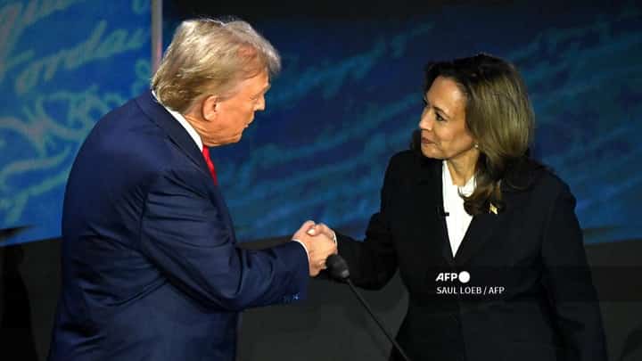 US Vice President and Democratic presidential candidate Kamala Harris (R) shakes hands with former US President and Republican presidential candidate Donald Trump during a presidential debate at the National Constitution Center in Philadelphia, Pennsylvania, on 10 September 2024.
Kamala Harris and Donald Trump are entering the final one-month sprint to the most dramatic US presidential election in modern history, with both candidates warning the fate of a divided nation hangs on a result that is still too close to call.