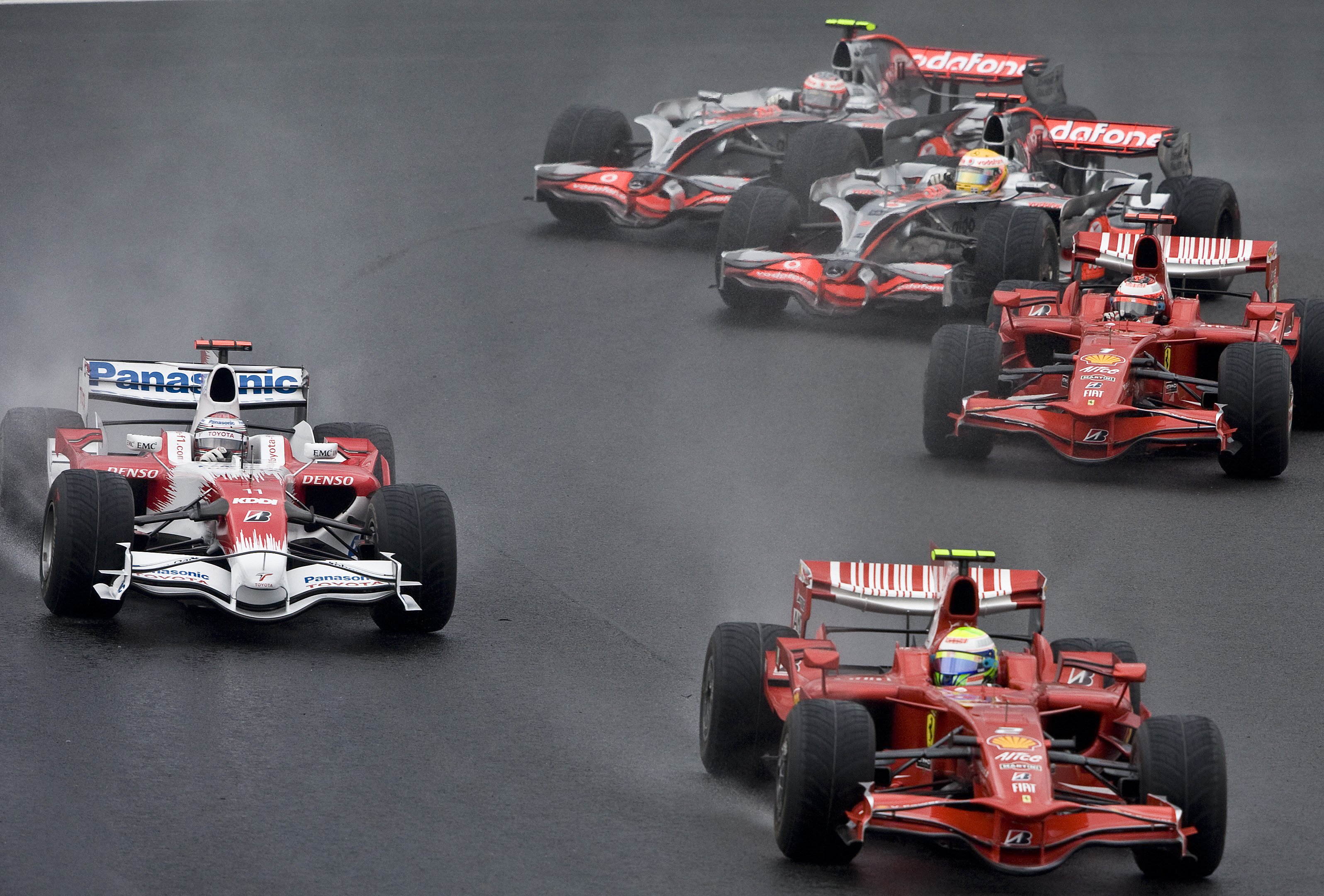 Back in 2008, Brazilian Formula One driver Felipe Massa (front) of Ferrari leads the Brazil F-1 GP first lap followed by Italian Jarno Trulli (left) on Toyota, Finnish Kimi Raikkonen (right) on Ferrari, British Lewis Hamilton(center back) on McLaren and Finnish Heikki Kovalainen at Interlagos race track in Sao Paulo, Brazil.