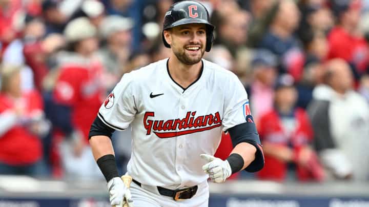 Cleveland's Lane Thomas celebrates after hitting a grand slam home run in the fifth inning for the Guardians against Detroit in the Major League Baseball playoffs