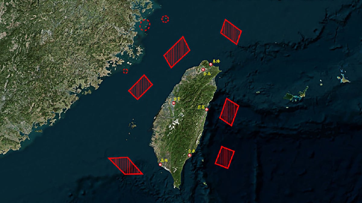 War footing Taiwan’s forces on land, air and sea go on high alert following China’s encirclement of their territory on the pretext of holding military drills. A map released by the People’s Liberation Army shows the position of Chinese forces relative to the breakaway territory.