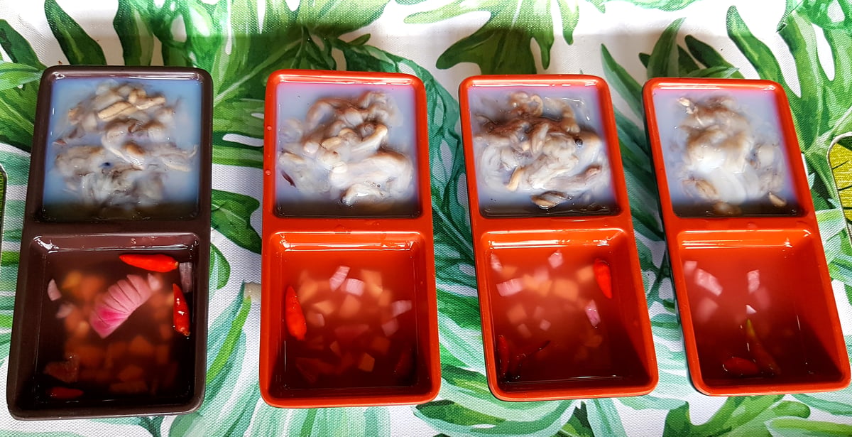 Tamilok or shipworm is a native food source. Here it is served with spiced vinegar.