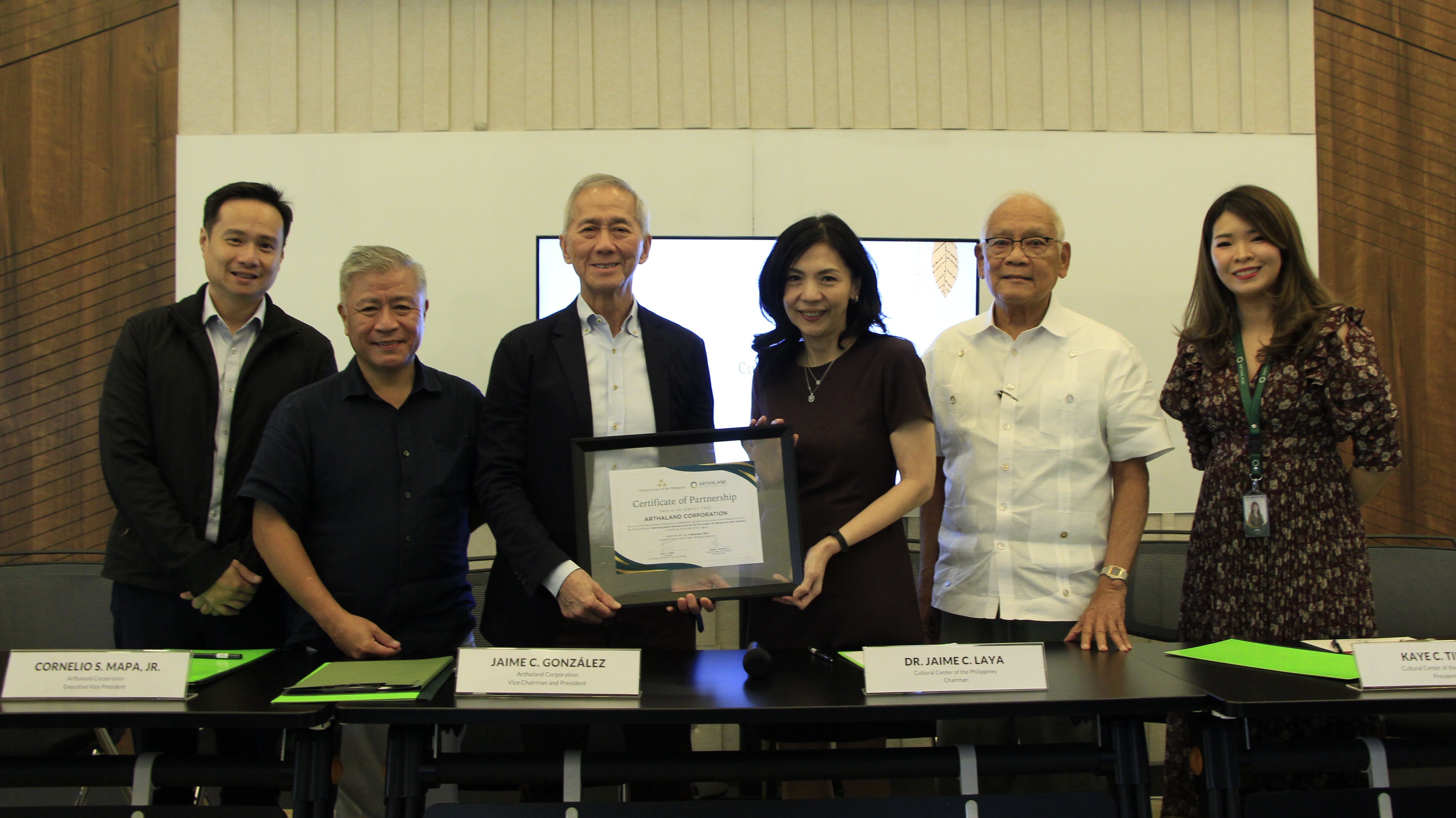 The Cultural Center of the Philippines and Arthaland have formalized partnership with a recent MOA signing at the Arthaland Century Pacific Tower in Bonifacio Global City. Present are (from left) Arthaland senior vice president and chief sustainability officer Oliver L. Chan, Arthaland executive vice president and treasurer Cornelio S. Mapa Jr., Arthaland vice chairman and president Jaime C. González, CCP chairman Jaime C. Laya, CCP president Kaye C. Tinga and Arthaland Marketing and Corporate Communications Unit head Cyrene Pamela S. Go.