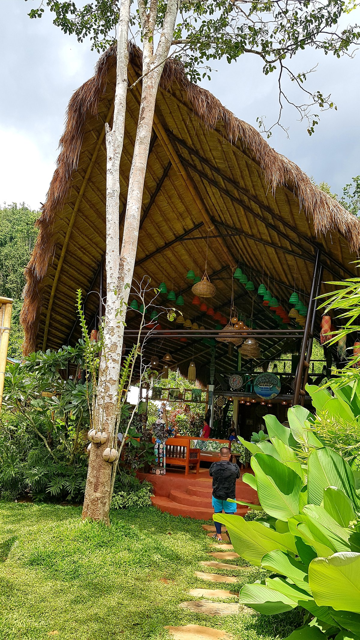 A large Balinese-inspired hut that serves as the main restaurant of Cacaoyan Forest Park and Restaurant.