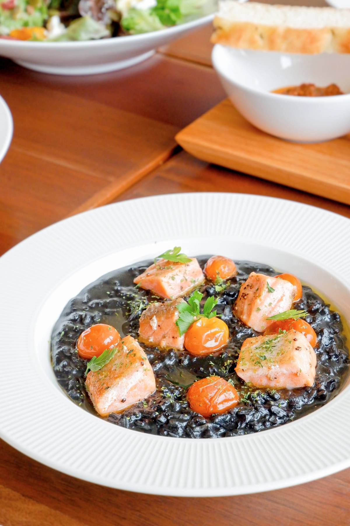 Salmon in Squid Ink Risotto.