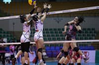 Zen Perolino of Biñan shatters the Negros defense with an emphatic kill during their MPVA Season 1 women’s volleyball tournament late Wednesday. The Tatak Gel prevailed, 25-16, 25-16, 26-24.