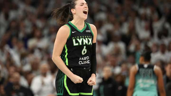 Bridget Carleton screams after sinking the free throws that sent the Minnesota Lynx to an 82-80 win over the New York Liberty in Game 4 of their WNBA Finals best-of-five series.