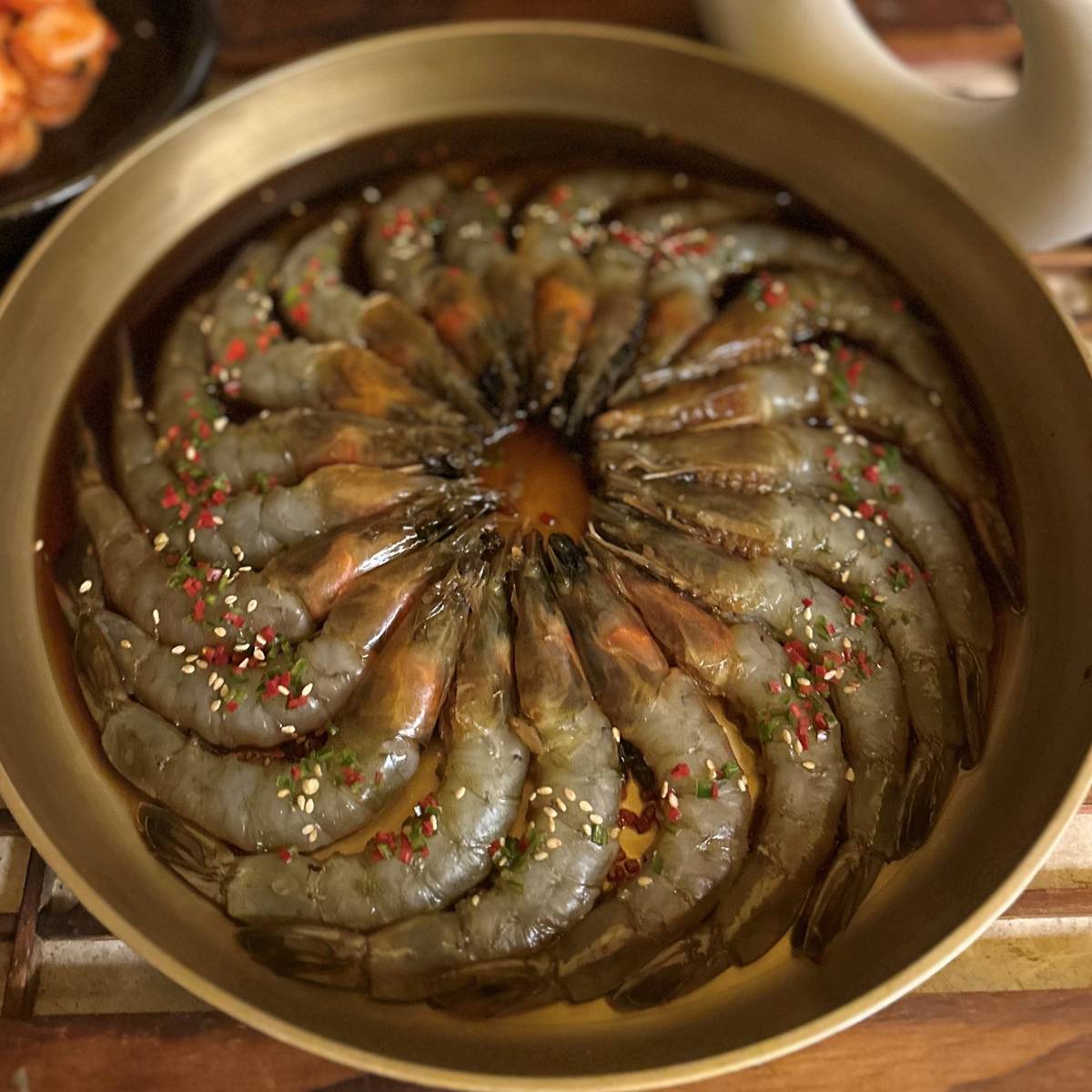 GANJANG Sawoojang, Soy sauce marinated raw prawn.