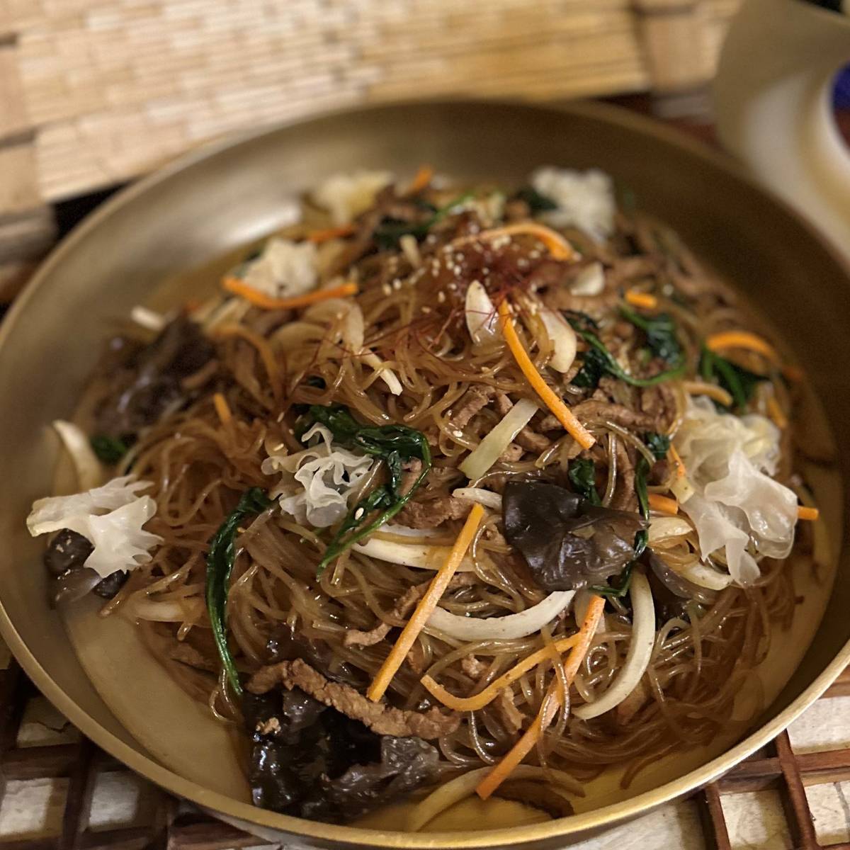 JAPCHAE, Korea style stir-fried glass noodle with vegetables.