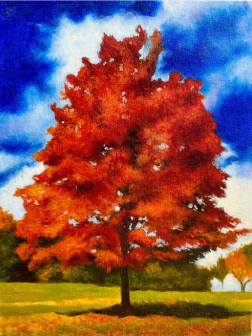 ‘Red Tree and Blue Sky,’ oil on canvas, 24” x 18,” 2024.