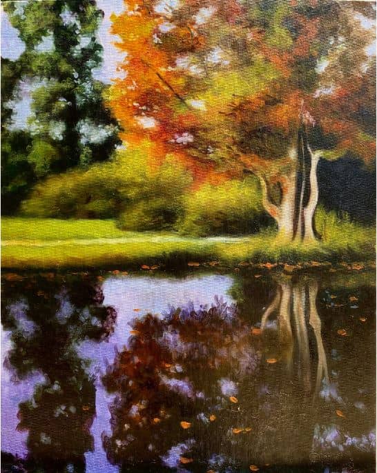 ‘Autumn Tree and Pond, Châtenay-Malabry,’ oil on canvas, 16” x 20,” 2024.