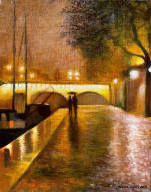 ‘Walking Along the Quai on a Rainy Night, Paris,’ oil on canvas, 20” x 16,” 2024.
