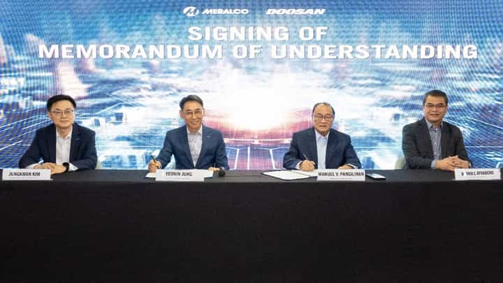 PARTNERS FOR INNOVATIVE ENERGY SOLUTIONS. Top officials of Manila Electric Co. and Doosan Enerbility Co., Ltd. have formalized a strategic partnership to drive energy innovation in the Philippines. In photo are (L-R) Doosan Chief Marketing Officer Jungkwan Kim, Doosan Vice Chairman and Chief Operating Officer Yeonin Jung, Meralco Chairman and Chief Executive Officer Manuel V. Pangilinan, and Meralco Chief Operating Officer Ronnie L. Aperocho.