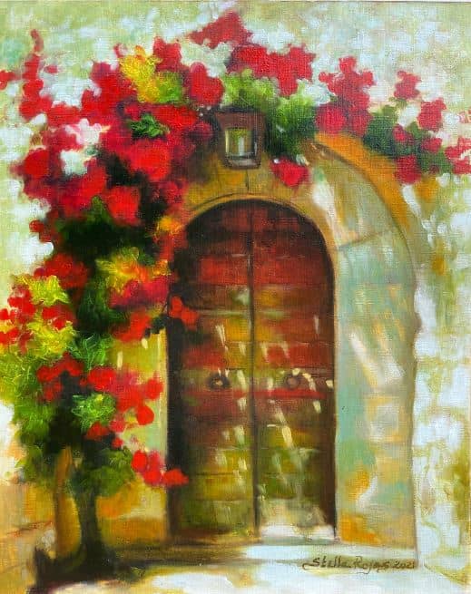 ‘Flowering Door,’ oil on paper, 16.1” x 13,” 2021.