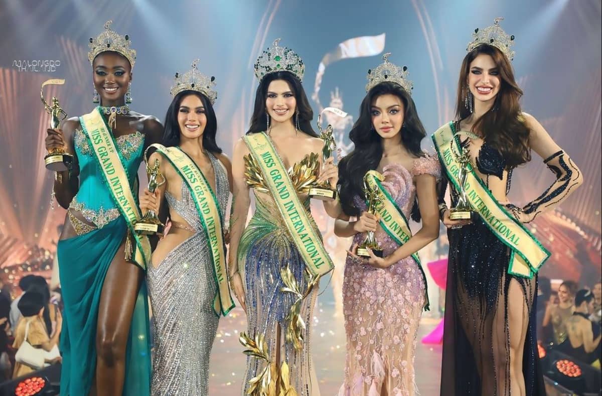 Top five candidates of Miss Grand International 2024:(from left) third runner-up Safietou Kabengele from France, first runner-up Christine ‘CJ’ Opiaza, Miss Grand International 2024 Rachel Gupta from India, Thae Su Nyeim from Myanmar and fourth runner-up Talita Hartmann from Brazil.