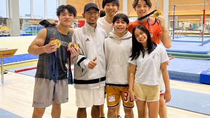 Karl Eldrew Yulo (third from left) and sister Elaiza Andriel Yulo (right) are visited by Japanese Olympic gold medalists Oka Shinnosuke (fifth from left) and Sugino Takaaki (left) at the Tokushukai Gymnastics Club during their training with coach Munehiro Kugimiya (back). Also shown is national junior coach Michael Sumabal.