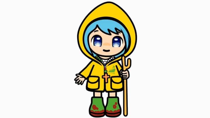 Luce is dressed in a yellow raincoat, representing the colors of the Holy See flag, and wears dirty boots that signify humility and the pilgrimage journey.
