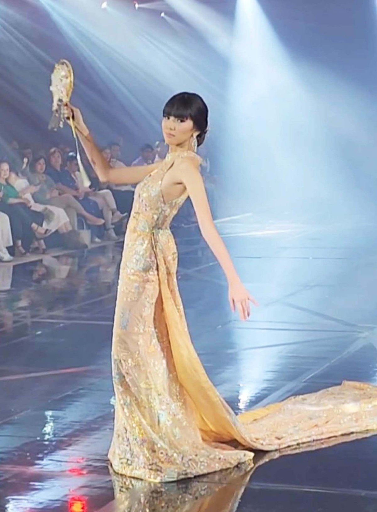 modern fully beaded gold cheongsam with hand embroidered cranes and pagodas by Marichu Tan Geson.
