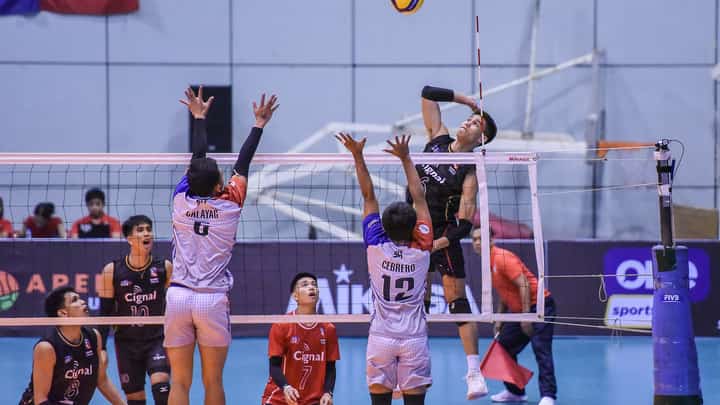 Mark Calado of Cignal attacks the Martelli Meats defense during their Spikers’ Turf Invitational Conference game at the Ynares Sports Arena. The HD Spikers prevailed, 25-10, 25-15, 25-12.