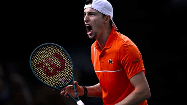 Ugo Humbert celebrates after stunning Carlos Alcaraz in the third round of the Paris Masters.