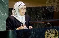 (FILE PHOTO) Her Royal Highness Princess Hajah Masna, Special Envoy of Brunei Darussalam, addressing the UN General Assembly in 2004.