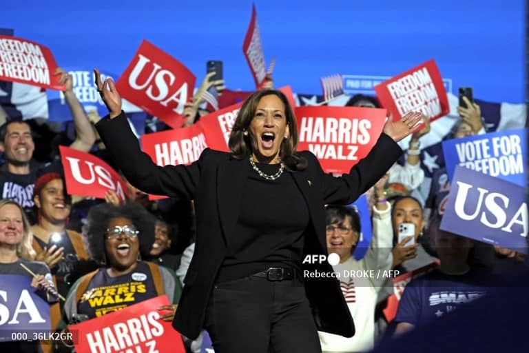 One step at a time US Vice President and Democratic presidential candidate Kamala Harris walks on stage as she arrives for a campaign rally at the Carrie Blast Furnaces National Historic Landmark outside Pittsburgh, in Rankin, Pennsylvania on 4 November.