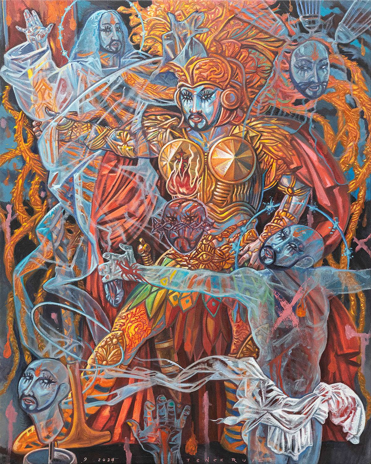 ‘Morion, Miron, Moron, Meron’ (oil and enamel on canvas, 60h x 48w in, 2024).