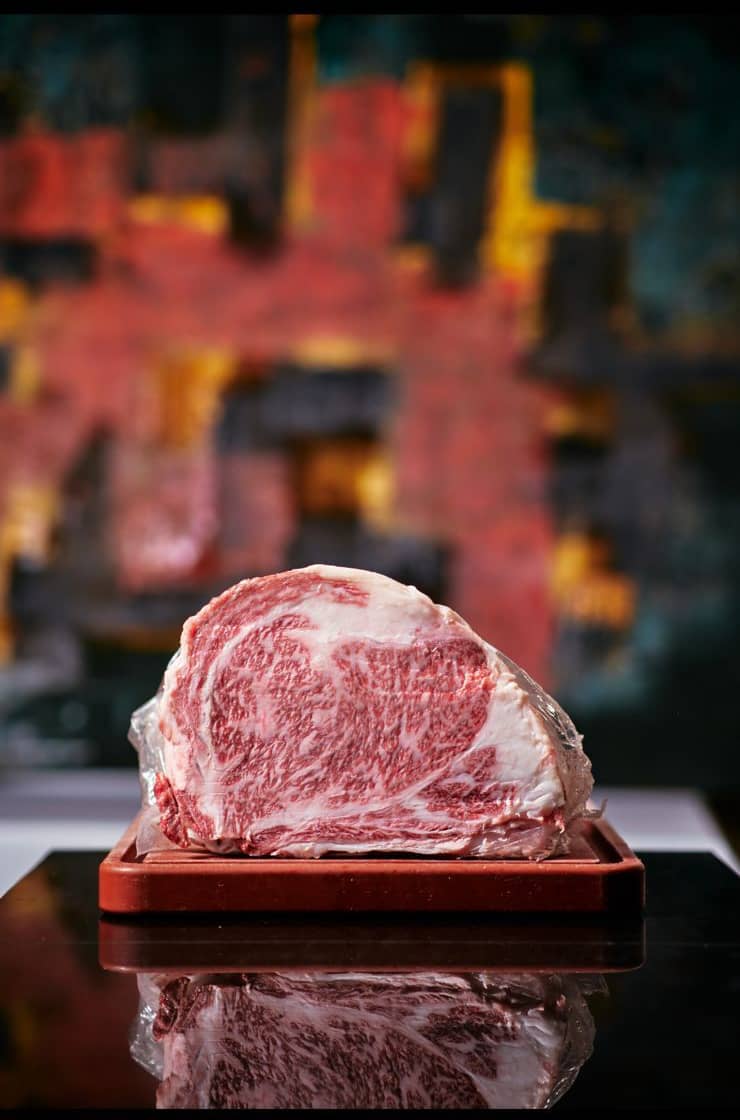 Japanese A5 Saga wagyu, in all its marbled glory.