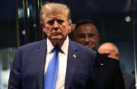 Republican presidential nominee, former President Donald Trump leads Polish President Andrzej Duda as he arrives at Trump Tower on Apr 17, 2024 in New York City.