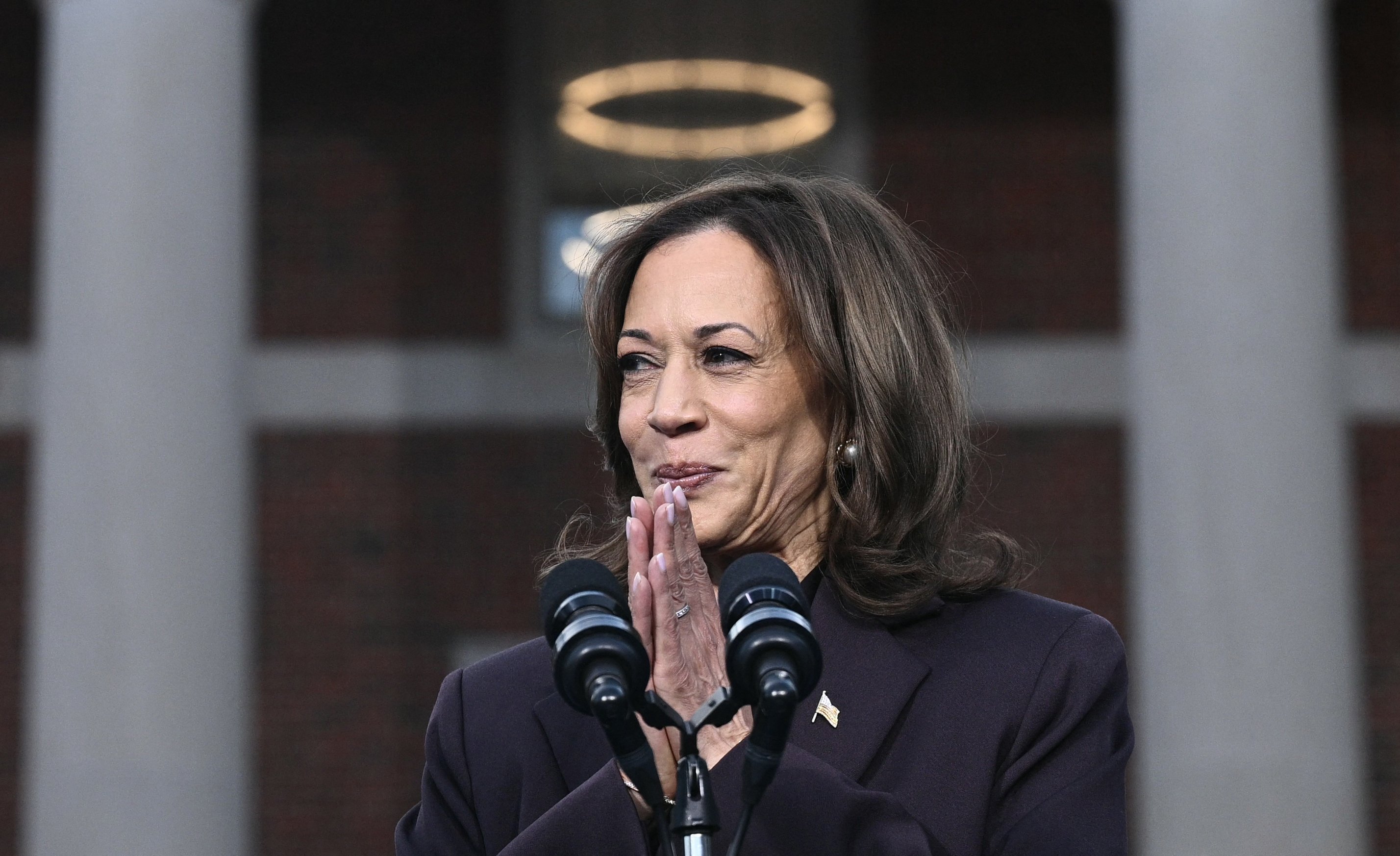 DEMOCRATIC presidential nominee, United States Vice President Kamala Harris, pauses while speaking on stage as she concedes the election, at Howard University in Washington.
