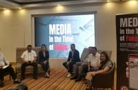 NPC President Leonel Abasola (wearing short barong, 2nd from left) with PCO Asec Wheng Hidalgo, PTI President Jericho "Koko" Nograles, and others during the fake news and fake cigarette workshop.