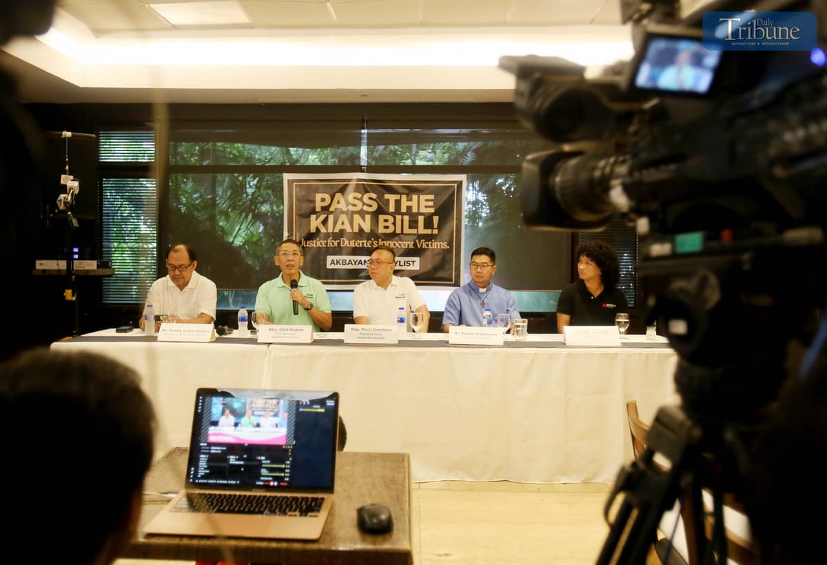 During a press conference in Quezon City on Monday, 11 November, 2024, Atty. Chel Diokno, Fr. Flavie Villanueva of Program Paghilom, Akbayan Rep. Perci Cendaña, and victims of the Duterte administration's drug war called for the swift passage of the "Kian Bill."