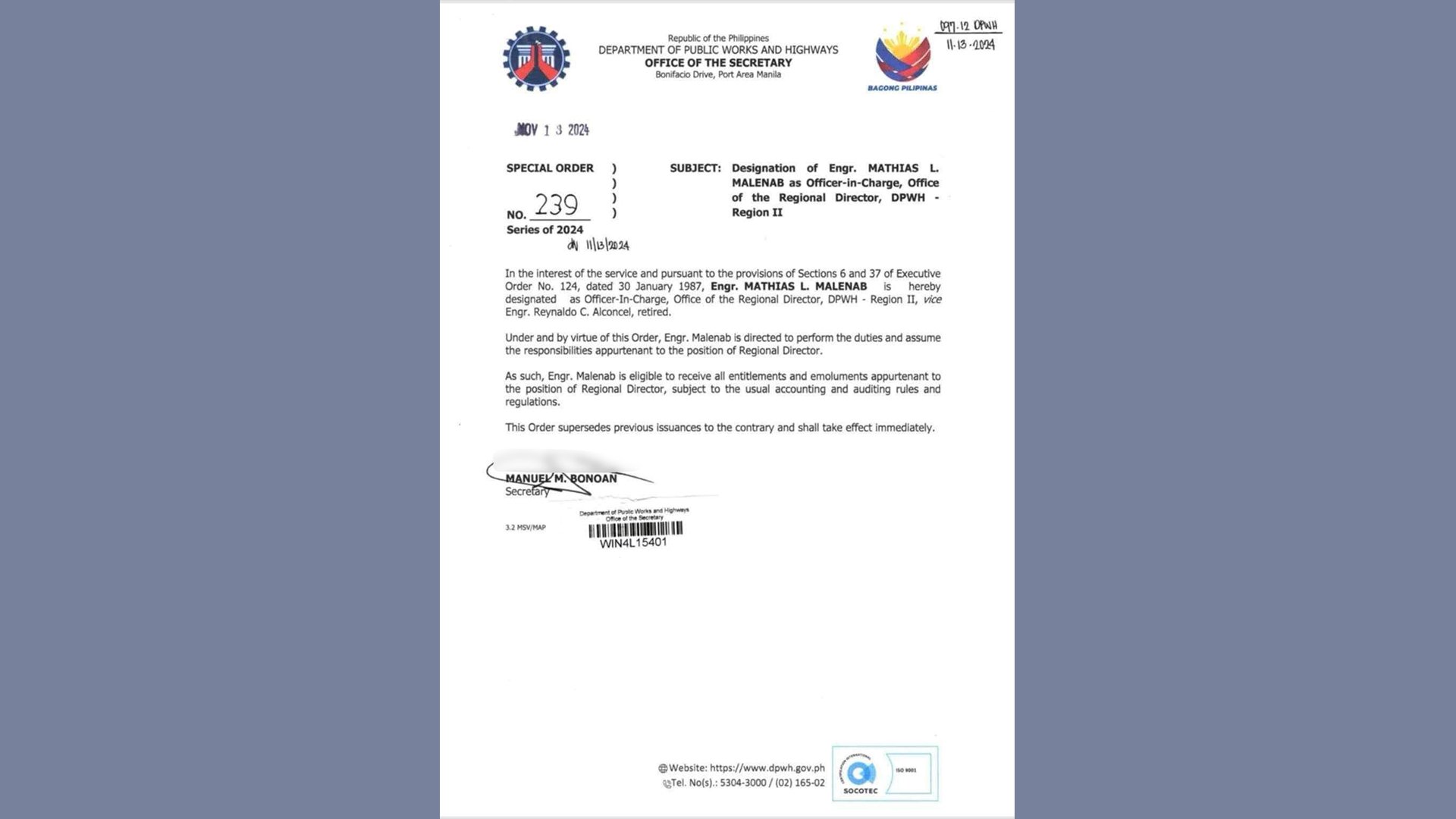 Engr. Mathias L. Malenab appointed as DPWH Region II officer-in-charge, tasked with disaster recovery efforts