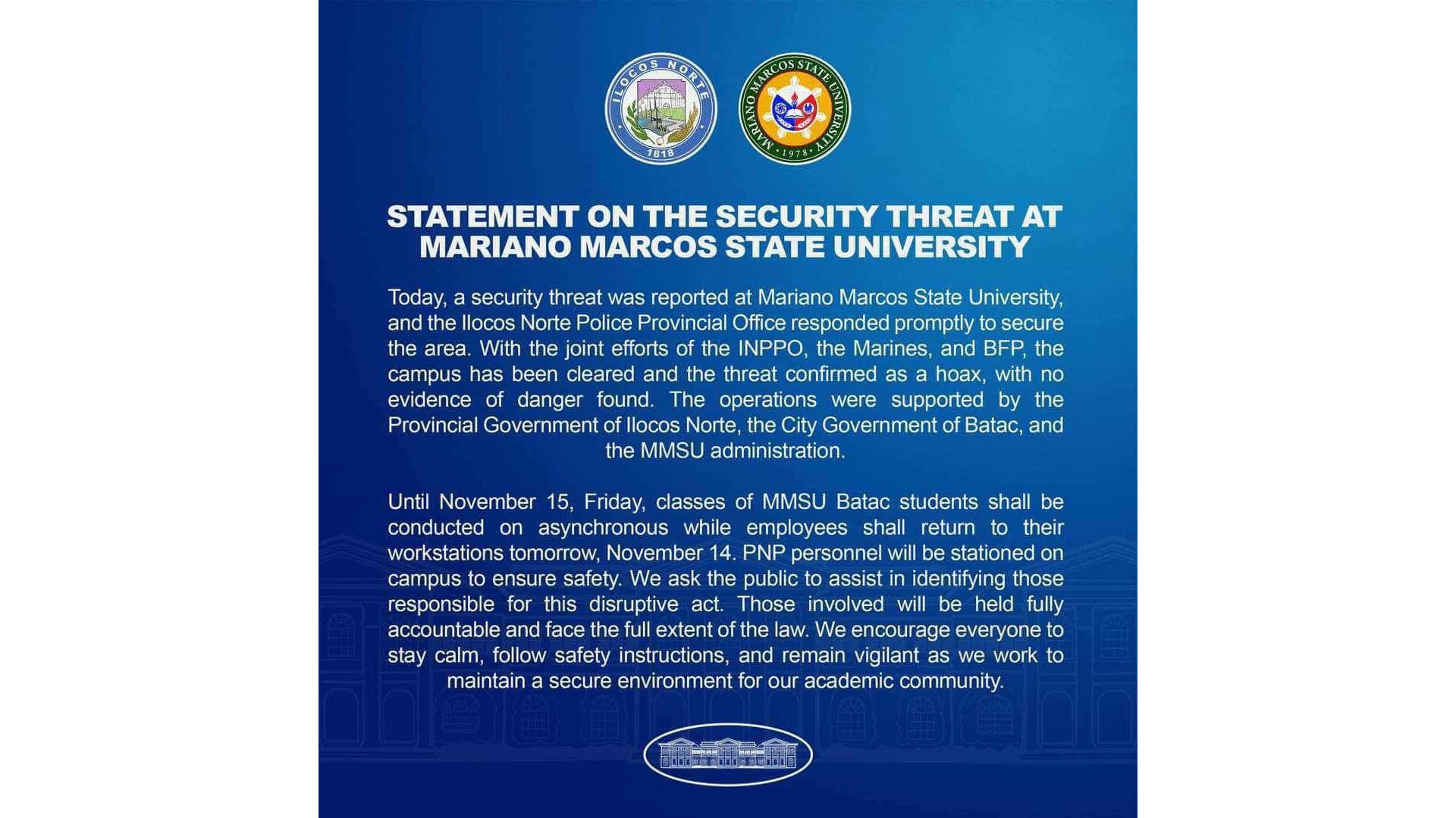 Security threat at Mariano Marcos State University declared a hoax