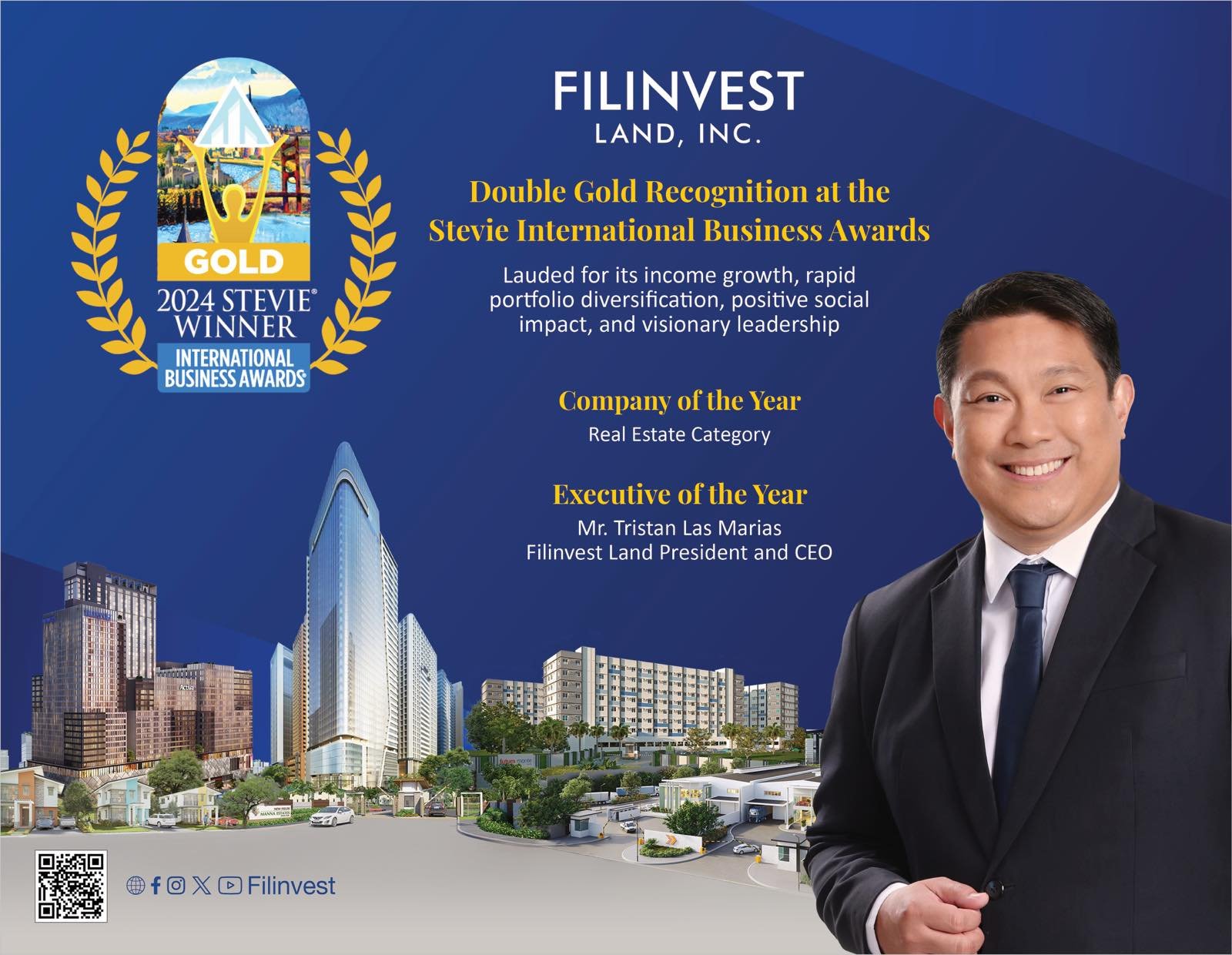 Filinvest Land bags double gold at Stevie 2024