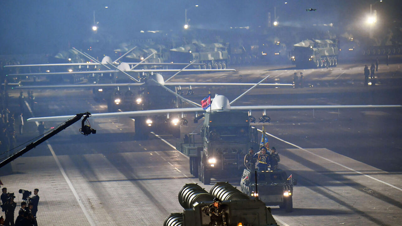 (FILE PHOTO) This picture taken on July 27, 2022 and released from North Korea's official Korean Central News Agency (KCNA) shows what is believed to be an attack-type drone being paraded at Kim Il Sung Square in Pyongyang to mark a key anniversary of the Korean War.