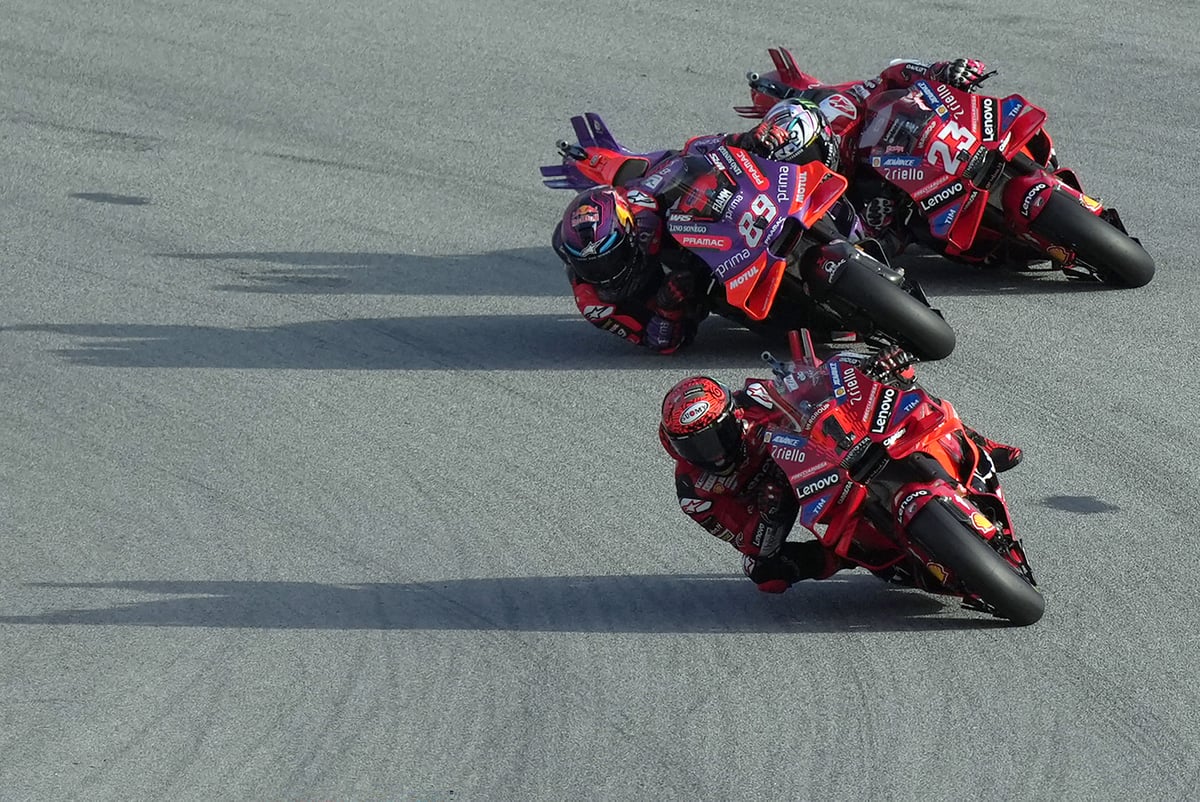 Francesco Bagnaia displays his impressive maneuvering skills en route to winning the sprint race of the Barcelona MotoGP.
